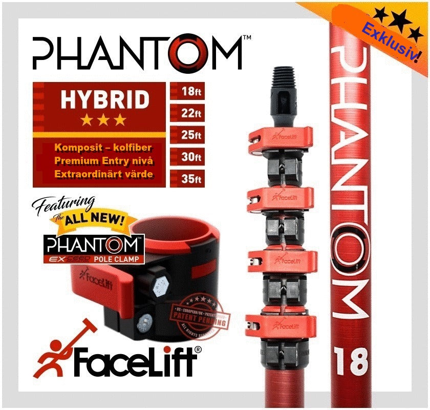 Facelift Phantom vattenmatade skaft. FaceLift Phantom Hybrid-kulfiber Teleskopskaft frän 5,4 till 10,6 meter Denna Vattenmatade teleskopskaft är resultatet av många års erfarenhet och engagemang för att skapa den ultimativa Vattenmatade teleskopskaft. Dess underbara design, lätthet och styrka betonar denna här teleskopstångs status som en ny milstolpe i Vattenmatade teleskopstänger