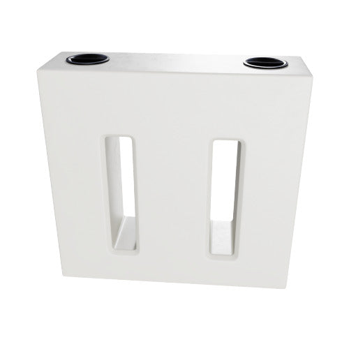 Baffled storage tank for water and liquids with two lids and outlets.
