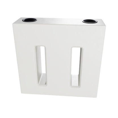 Baffled storage tank for water and liquids with two lids and outlets.